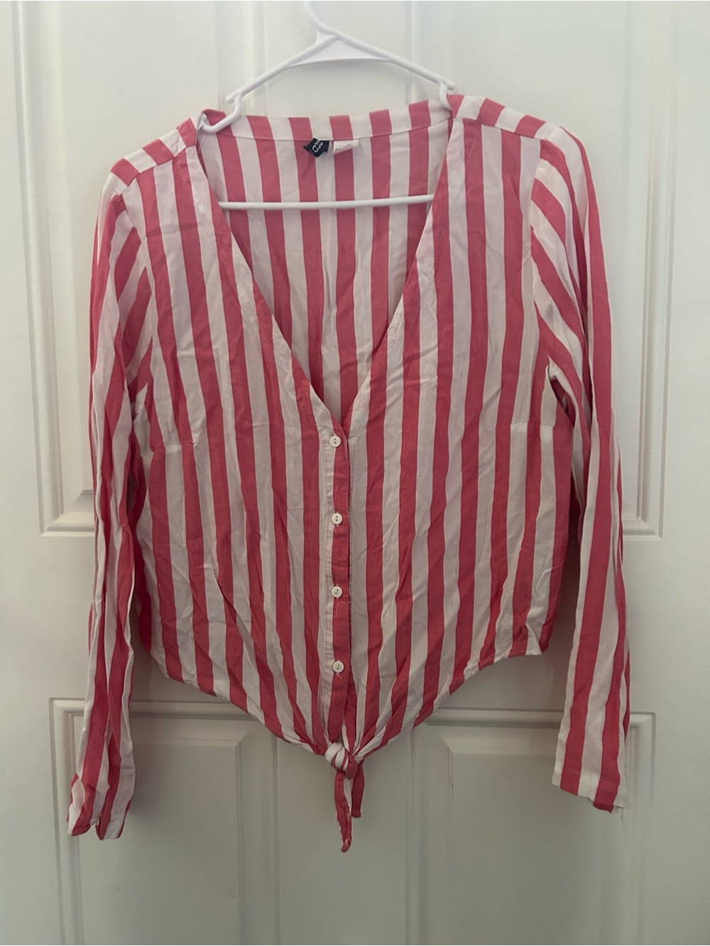 H&M Pink & White Vertical Stripe Tie-Front Button Down Shirt - Picture 1 of 3
